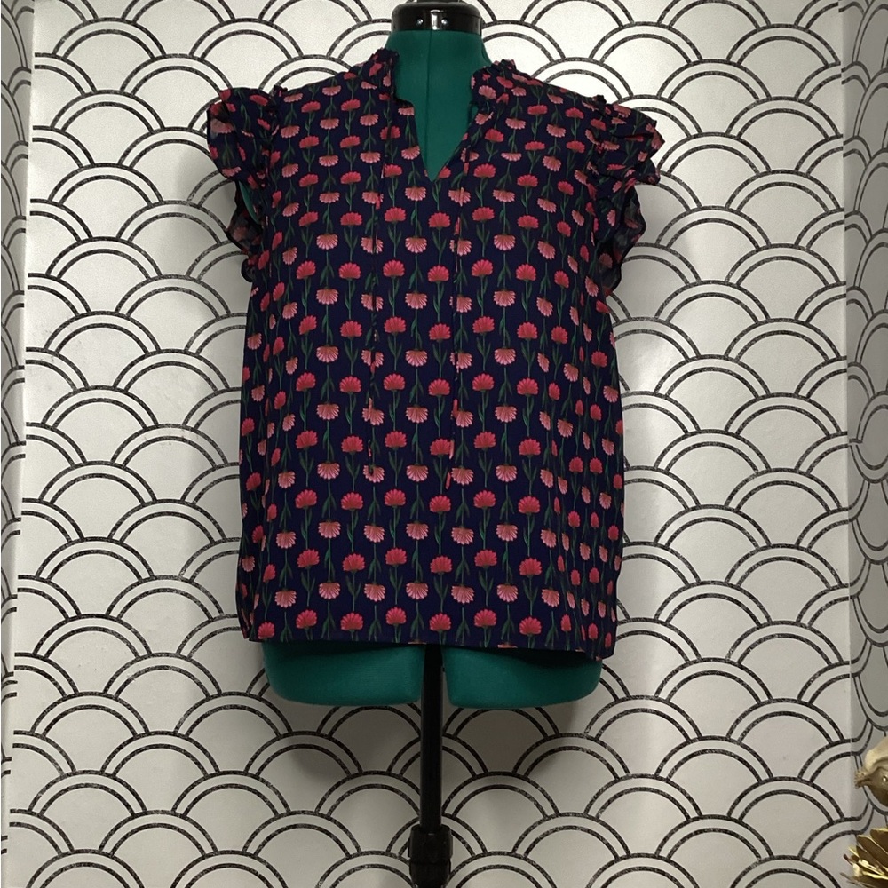 Navy Pink Floral V‑Neck Blouse – Size Large